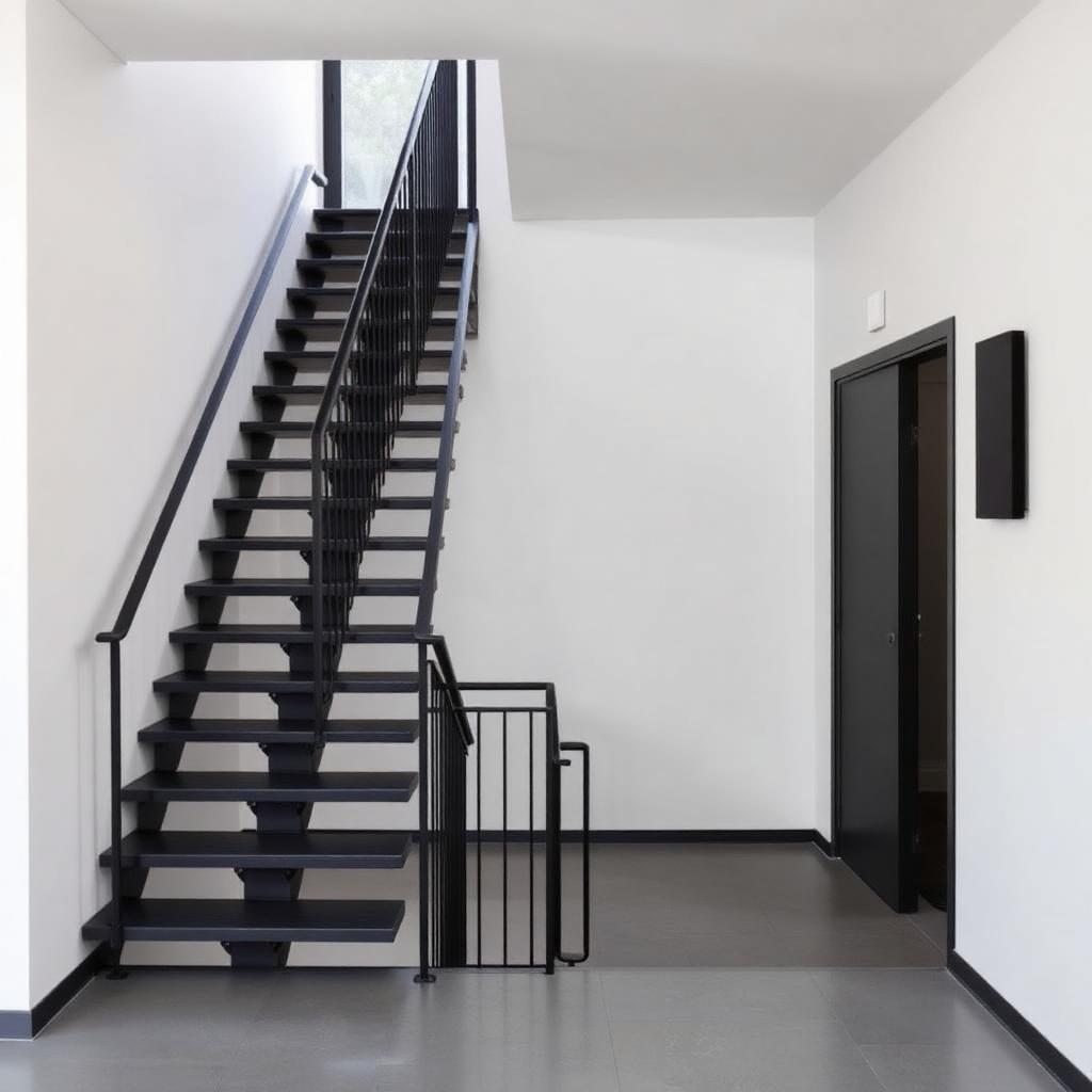 Moderne Stahltreppe mit dunklem Geländer